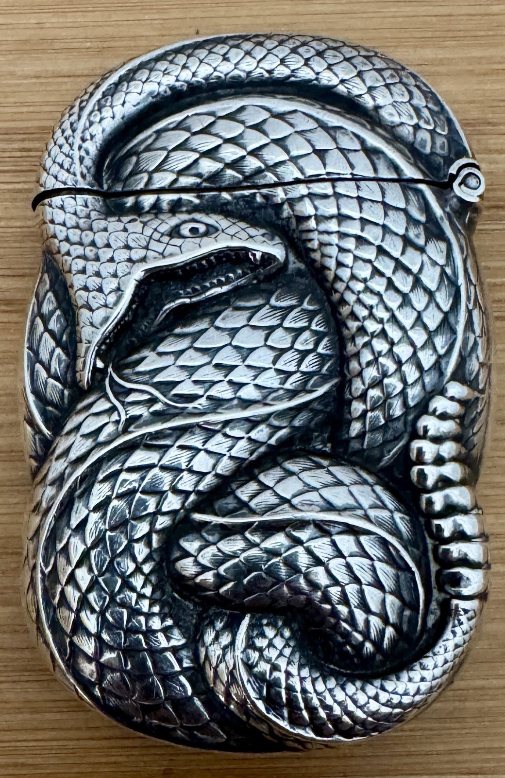 VERY RARE WILLIAM KERR STERLING FIGURAL RATTLESNAKE MATCH SAFE VESTA CASE C 1905