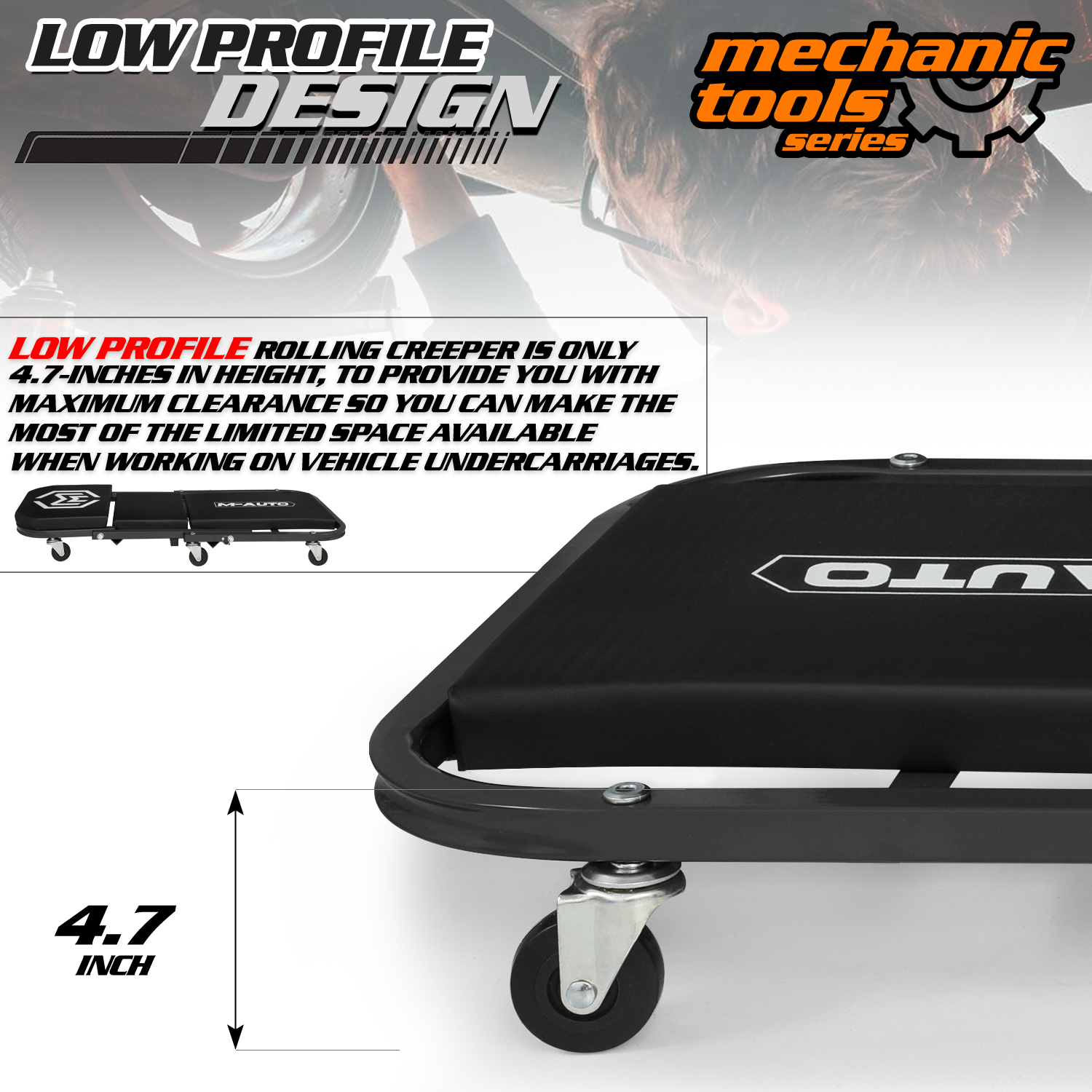 36" Black Folding Creeper Mechanic Work Upholstered Seat Automotive Repair Stool