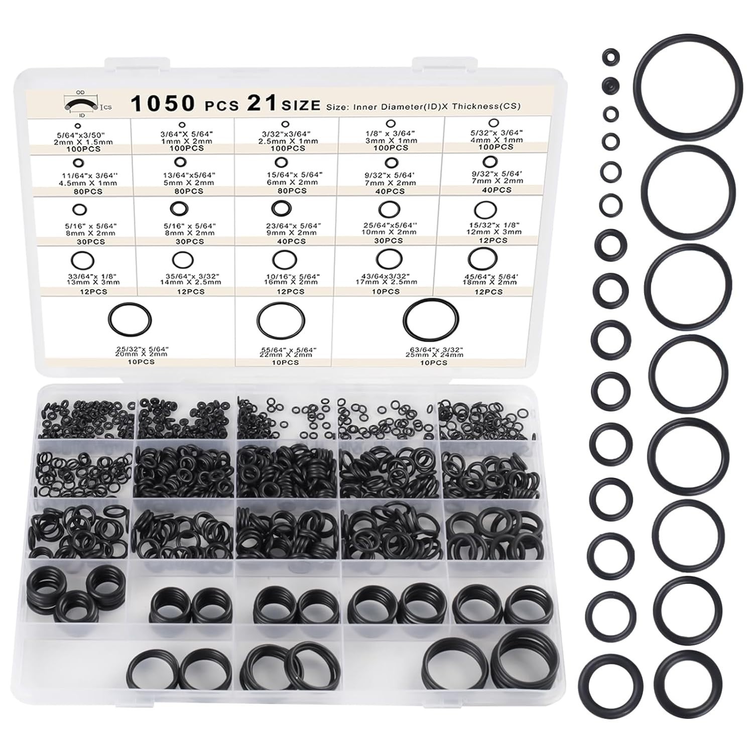 1050PCS O-Ring Assortment Kit | 21 Metric Sizes for Car Repair, Faucet, Air, Gas