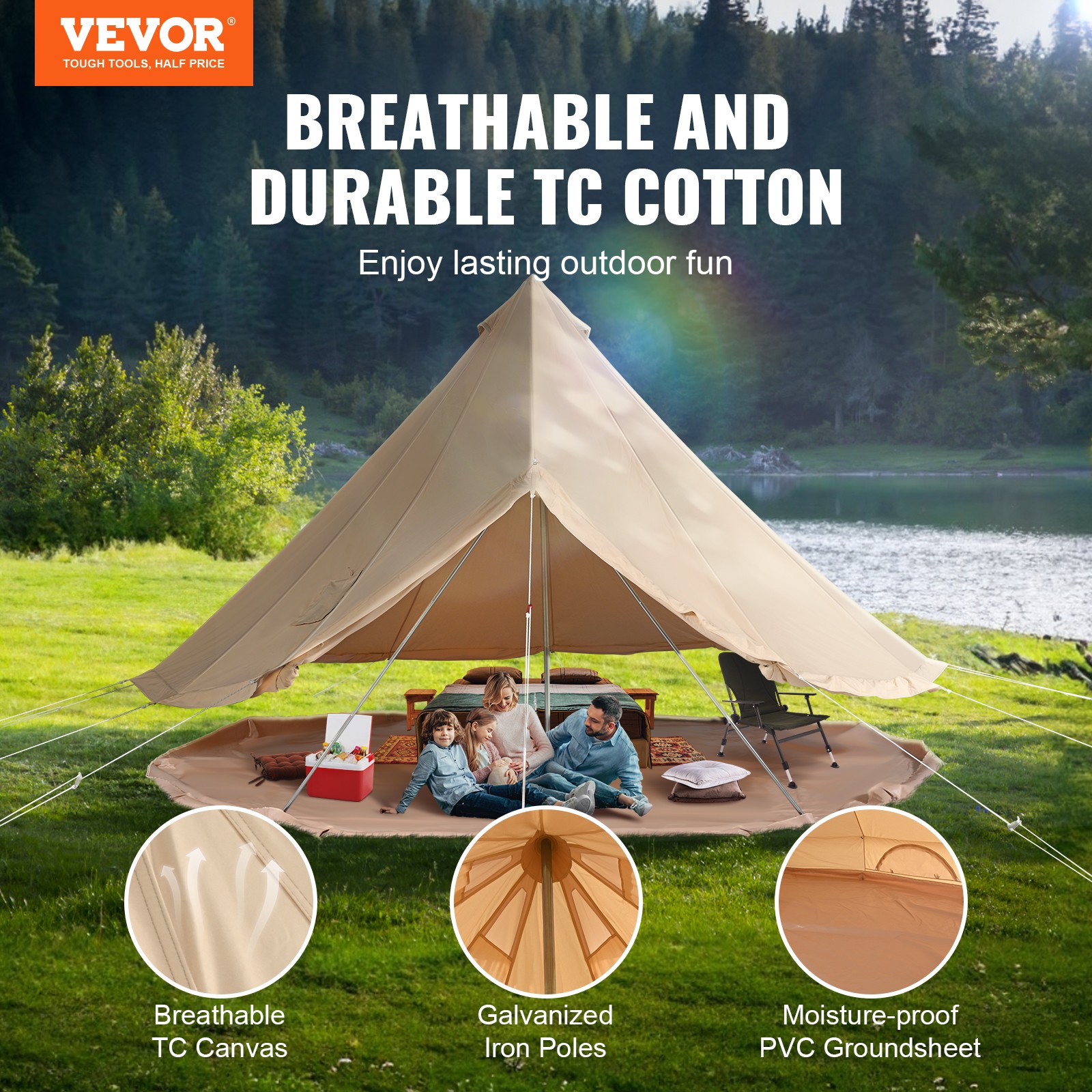 VEVOR Canvas Bell Tent 4m/13.12ft 4-Season Camping Yurt Tent with Stove Jack