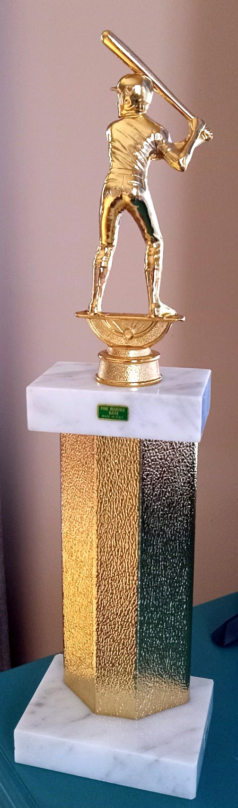 Vtg MCM Deco Italian Marble Baseball Softball Trophy Gold Metal Mid Century EUC