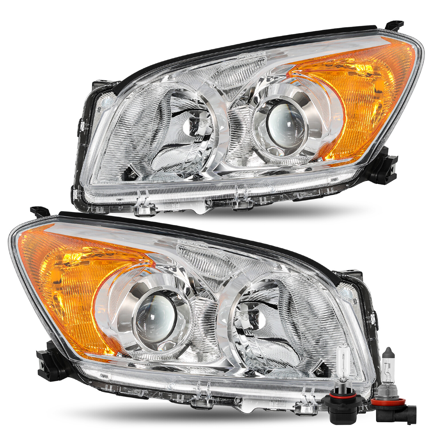 Left+Right Headlights Assembly W/Bulbs For 2009-2012 Toyota Rav4 Halogen Chrome