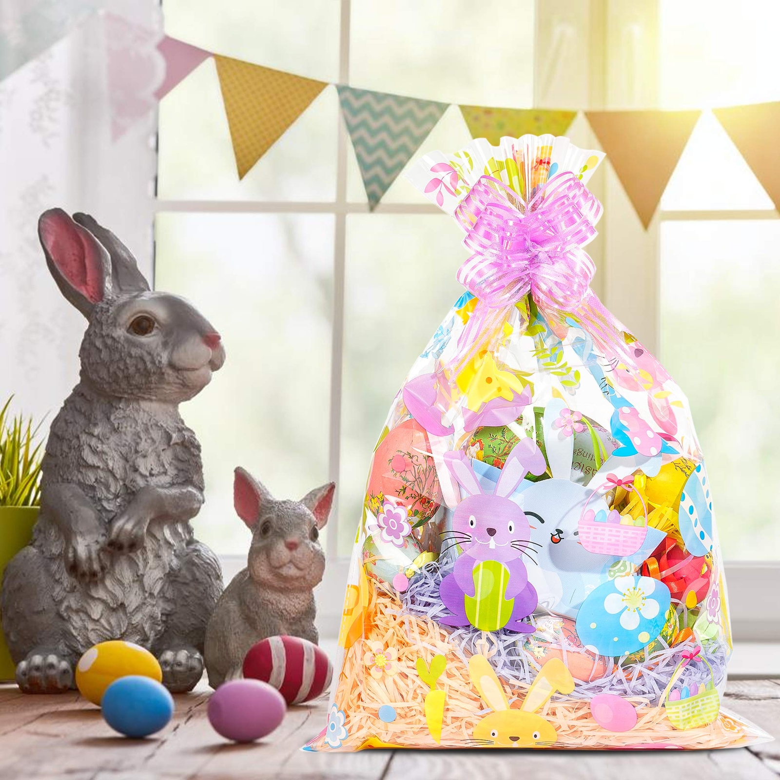20pcs Basket Bags pull bow Set 10 pieces Easter Cellophane Wrap Plastic Bag 1...