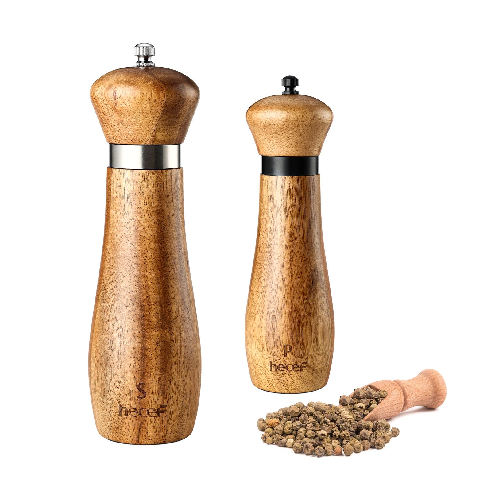 2Pcs Salt and Pepper Grinder Set Acacia Wood 21cm Adjustable Ceramic Spice Mill