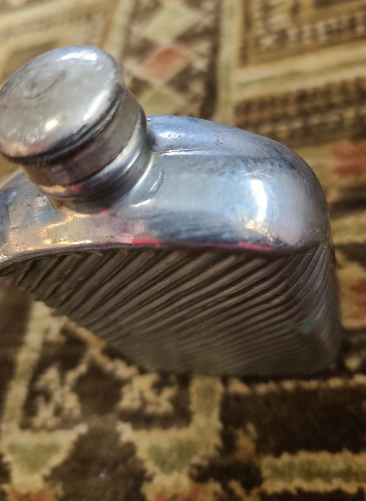 Antique Silver & Copper Plated Glass Ribbed Hip Flask 5-3/8" Tall Vintage