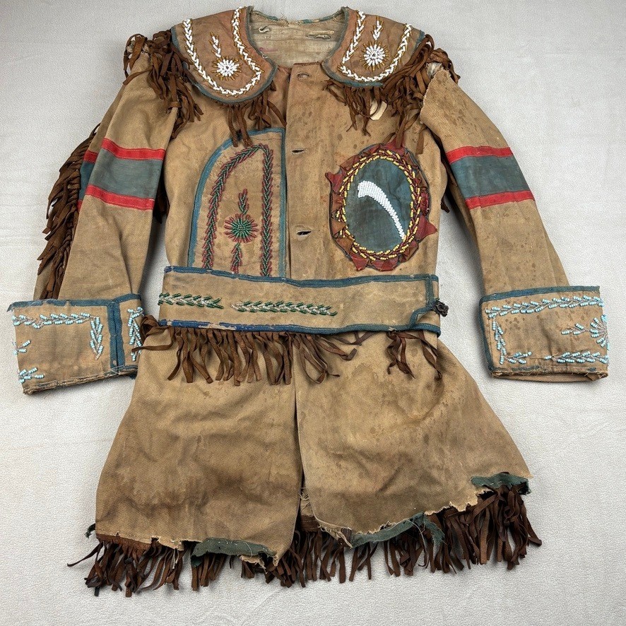 Antique Native American Canvas Beaded Ceremonial Fringe Jacket Coat Metis Cree