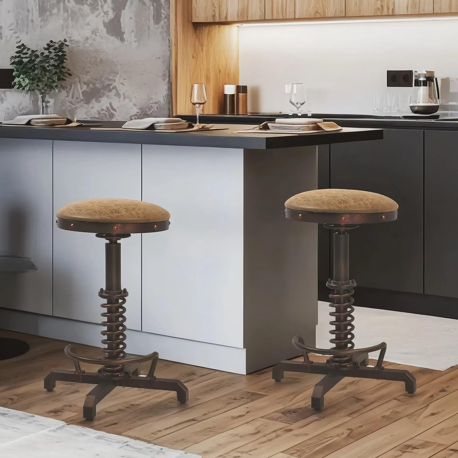 Farm Vintage Leather Tractor Stool Swivel Adjustable Kitchen Counter Set of 2