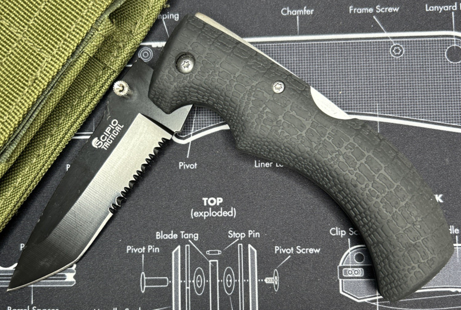 Scipio Tactical Folding Knife Black Rubber Handle Tanto Combo Edge Blade VGUC