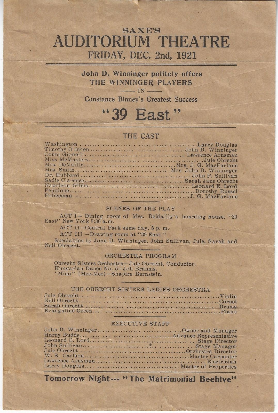 Constance Binney 39 East Saxe Theatre Obrecht Sisters Orchestra Vintage Handbill