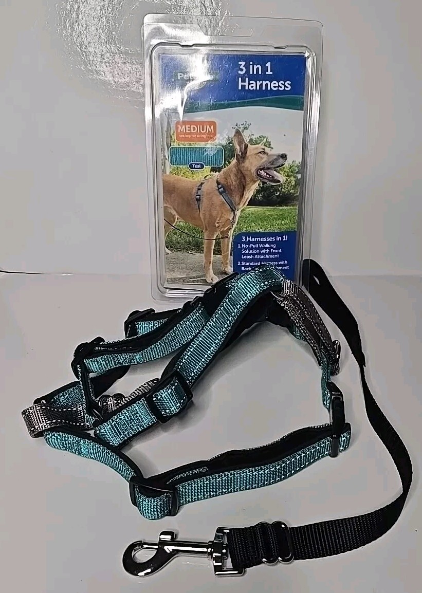 PetSafe 3 in 1 Dog Harness-MEDIUM-Teal-No Pull Design-Car Restraint-Reflective