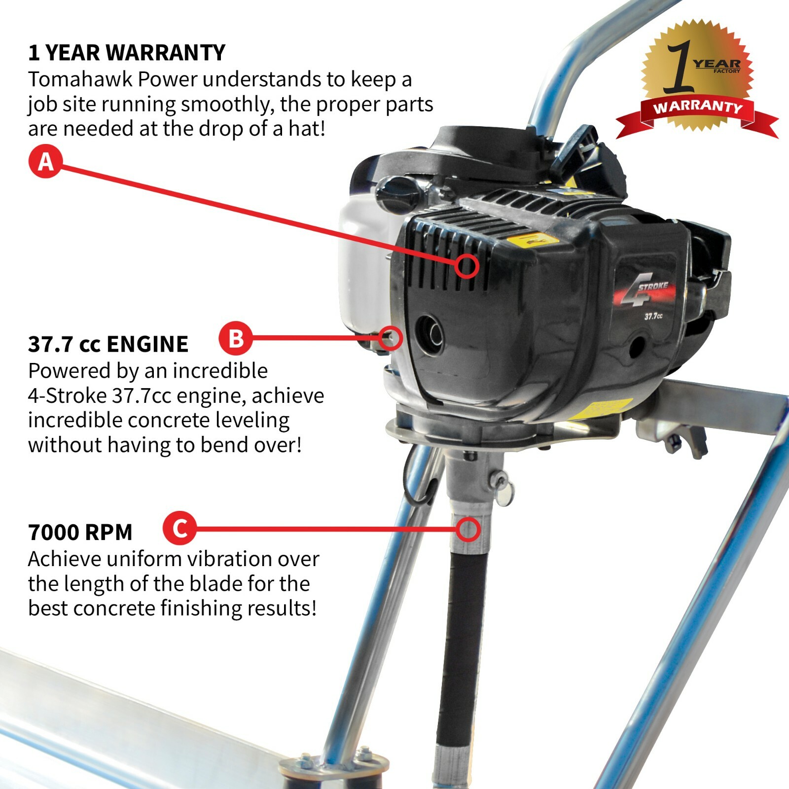 Power Screed Concrete Finishing Float 4ft Blade Board 37.7cc Gas Vibrating Tool