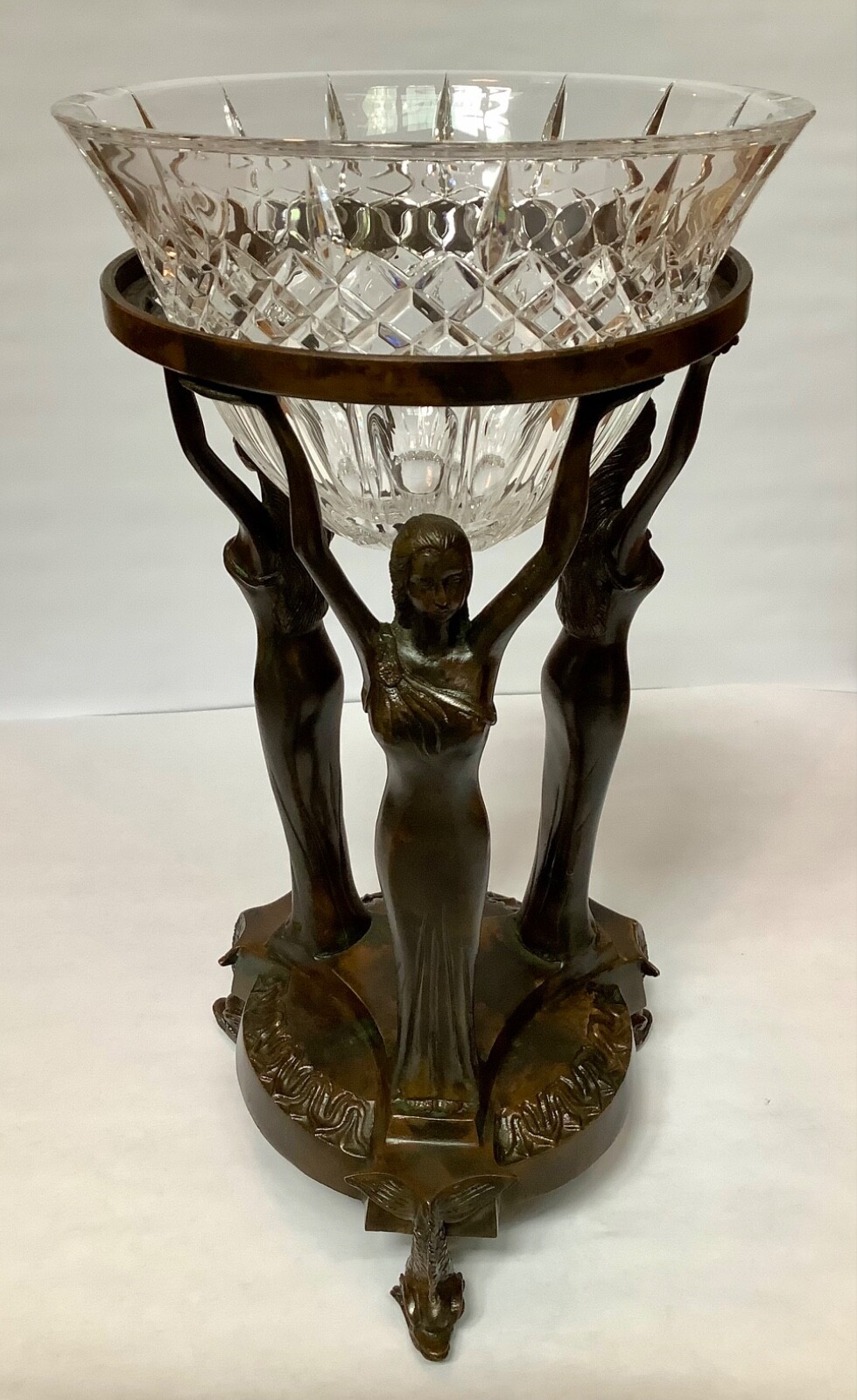 Nouveau Neoclassical Bronze Three Graces Centerpiece Orb or Bowl Stand Koi Feet
