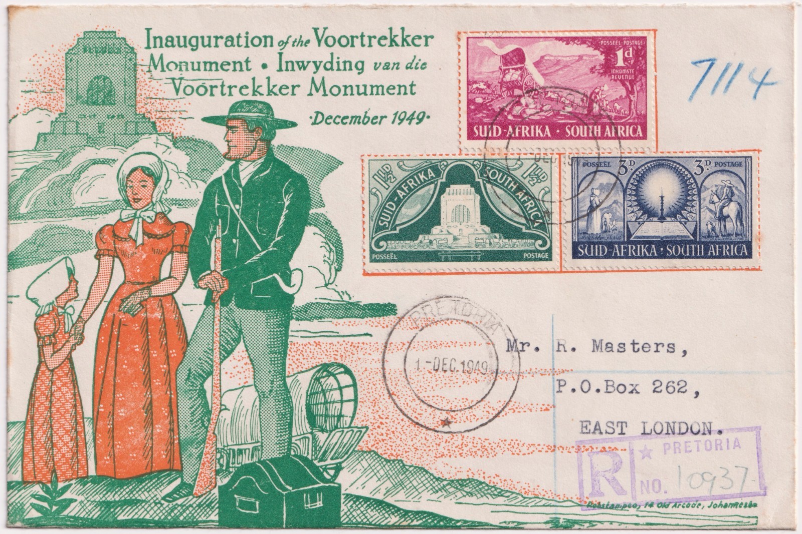 South Africa 1949 Voortrekker Monument Registered Cover Pretoria To East London