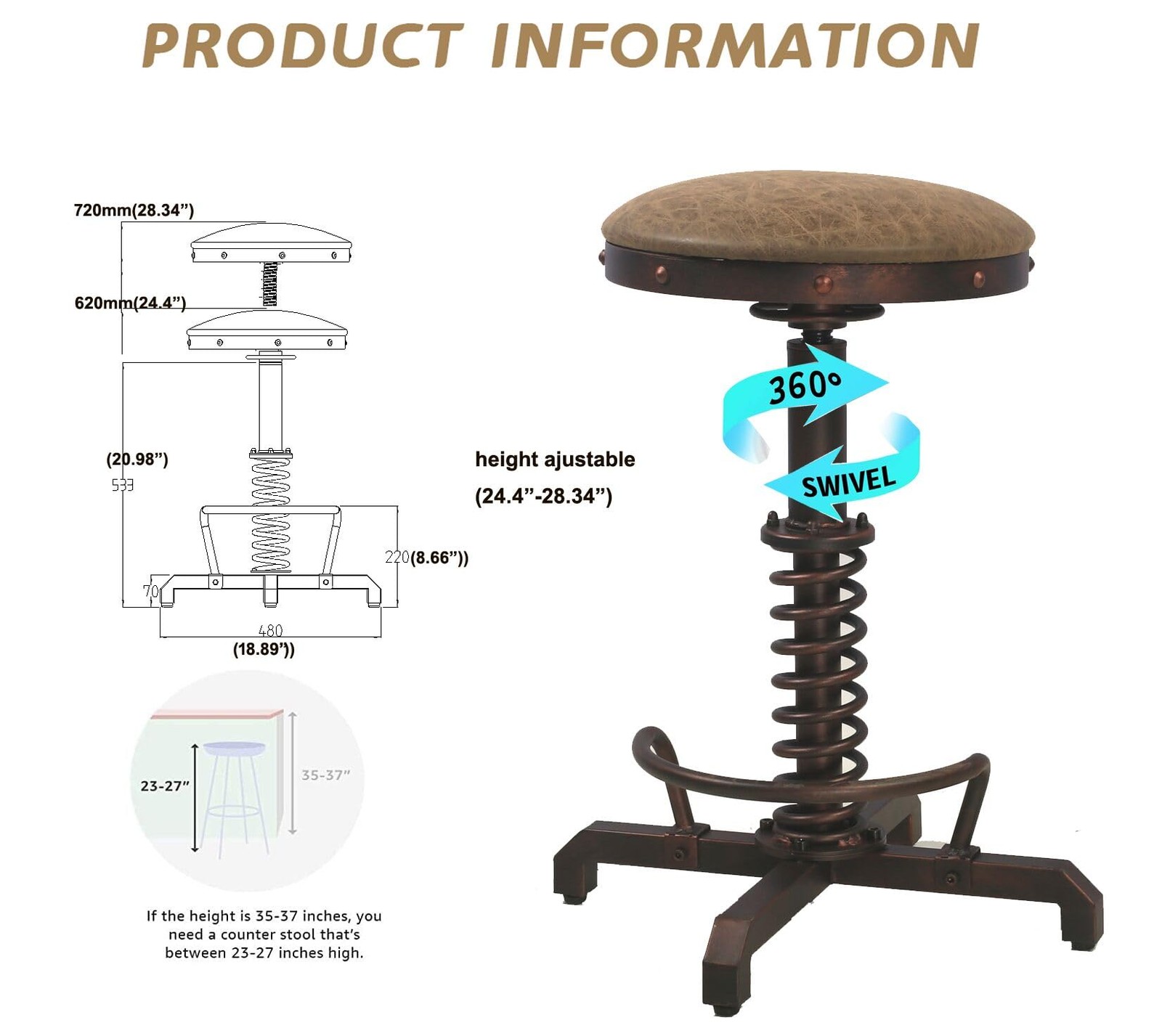 Farm Vintage Leather Tractor Stool Swivel Adjustable Kitchen Counter Set of 2