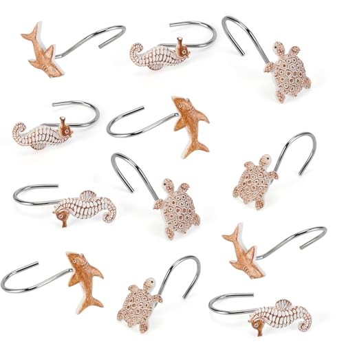Seashell Shower Curtain Hooks, 12Pcs Decorative Anti-Rust Shower Turtle 2