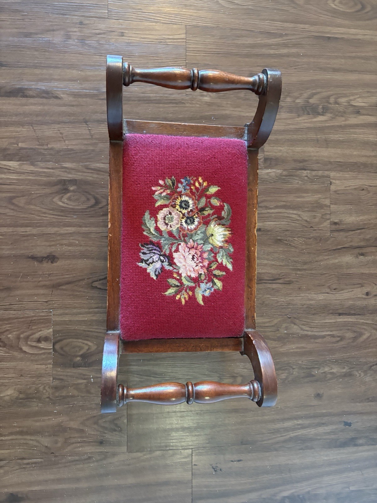 19thC Antique Victorian Footstool Bench Floral Needlepoint Petit Point