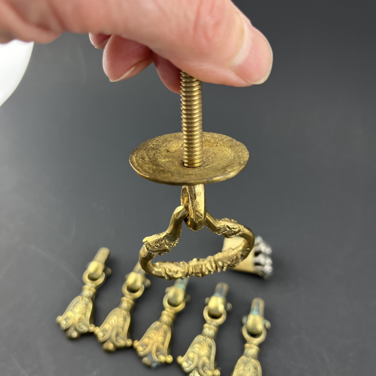 6 Antique Solid Brass drawer Pulls Patina 2 Sizes Bigger One Has Snake Heads