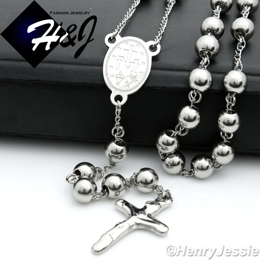 29+5"MEN Stainless Steel HEAVY 8mm Silver Beads Virgin Mary Rosary Necklace*RN10