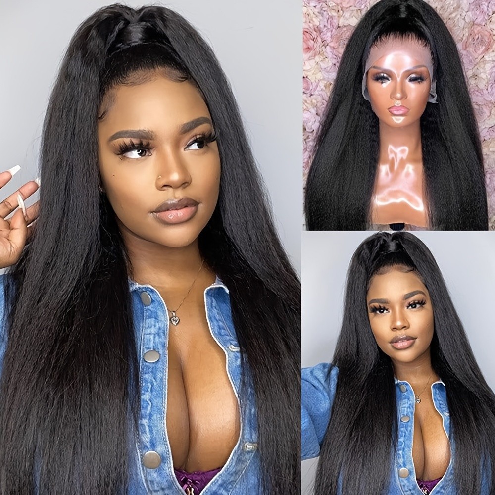 Long Natural Black Yaki Straight Lace Front Wigs Pre Plucked for Women Daily Use