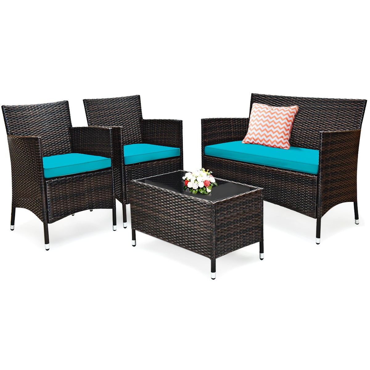 Patiojoy 4PCS Rattan Patio Furniture Set Cushioned Sofa Chair W/ TableTurquoise