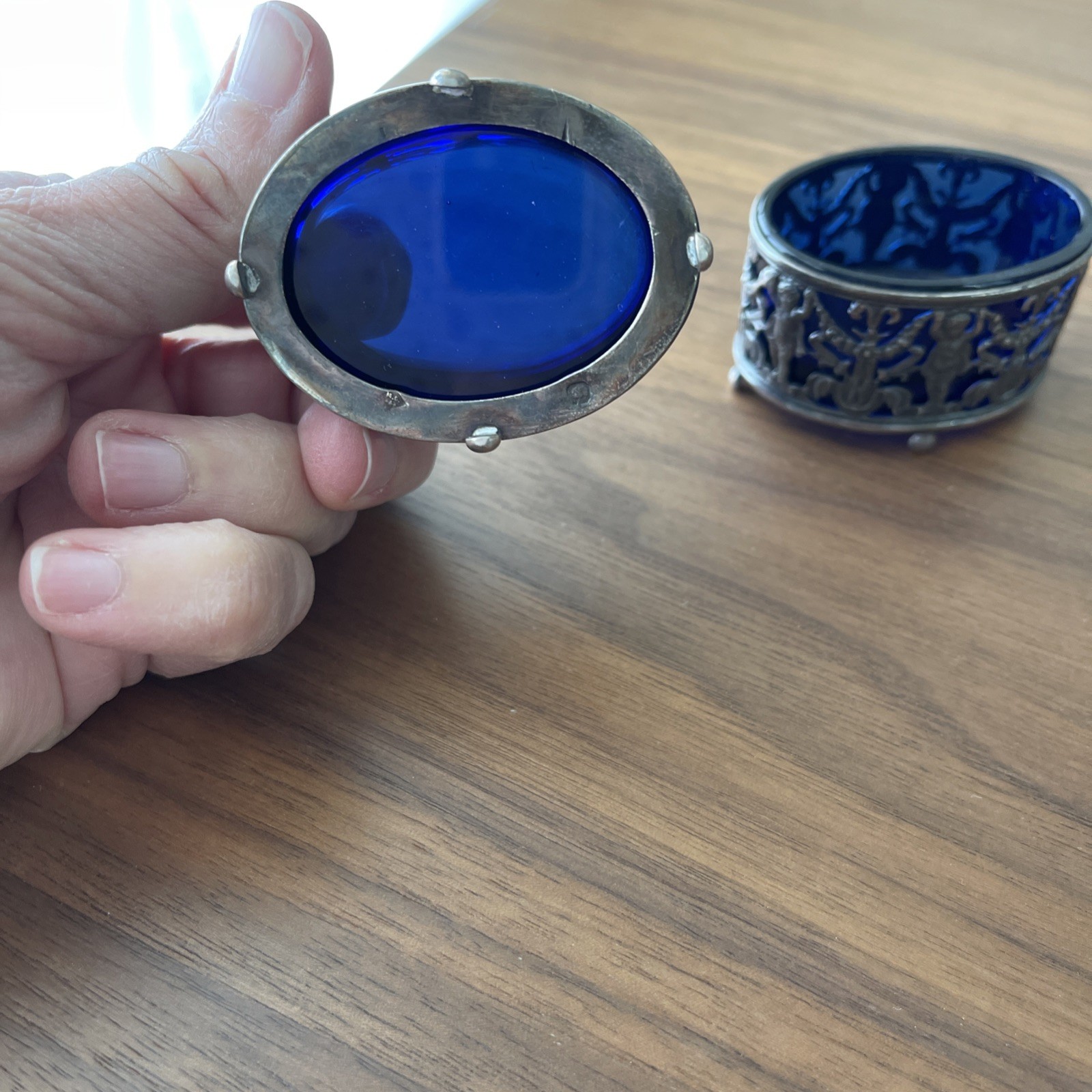Cobalt & Silver Salt Cellars Or Dips Antique Set of 2