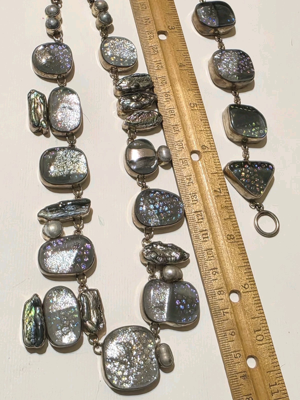 Signed Sterling Silver Dichroic Art Glass Necklace Bracelet Set Large Statement