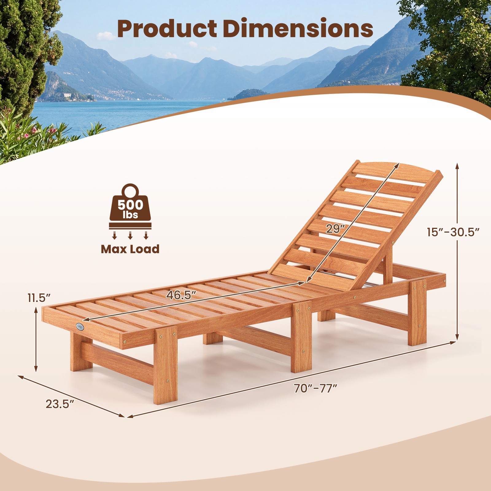 Patio Chaise Lounge Chair, Solid Wood Outdoor Recliner with Adjustable Backrest
