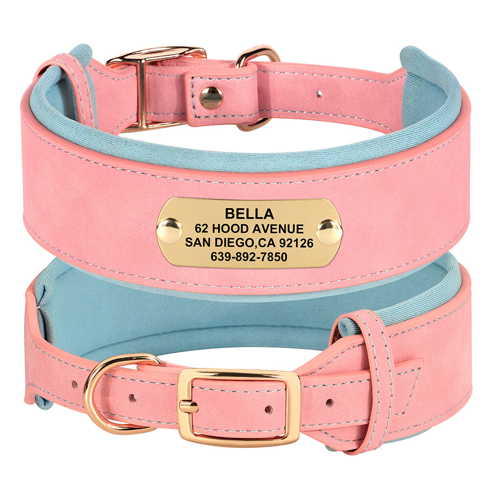 Wide Leather Dog Collar Personalized Nameplate Soft Padded for Large Dogs M-XL