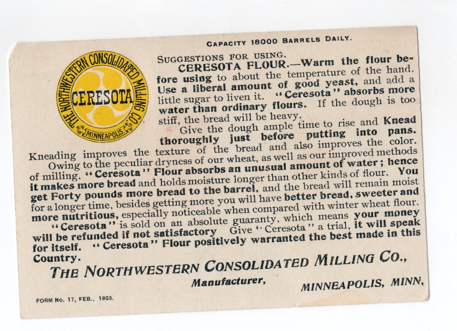 C1903 - Ceresota Flour Minneapolis MN Trade Card - XL2T