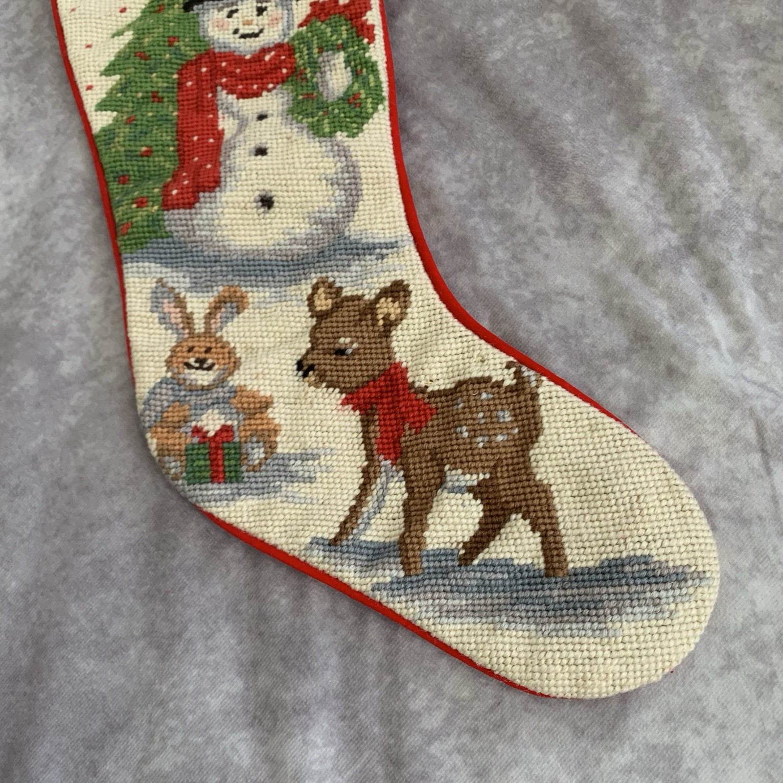 Vintage Needlepoint Wool Christmas Stocking Snowman Reindeer Holiday
