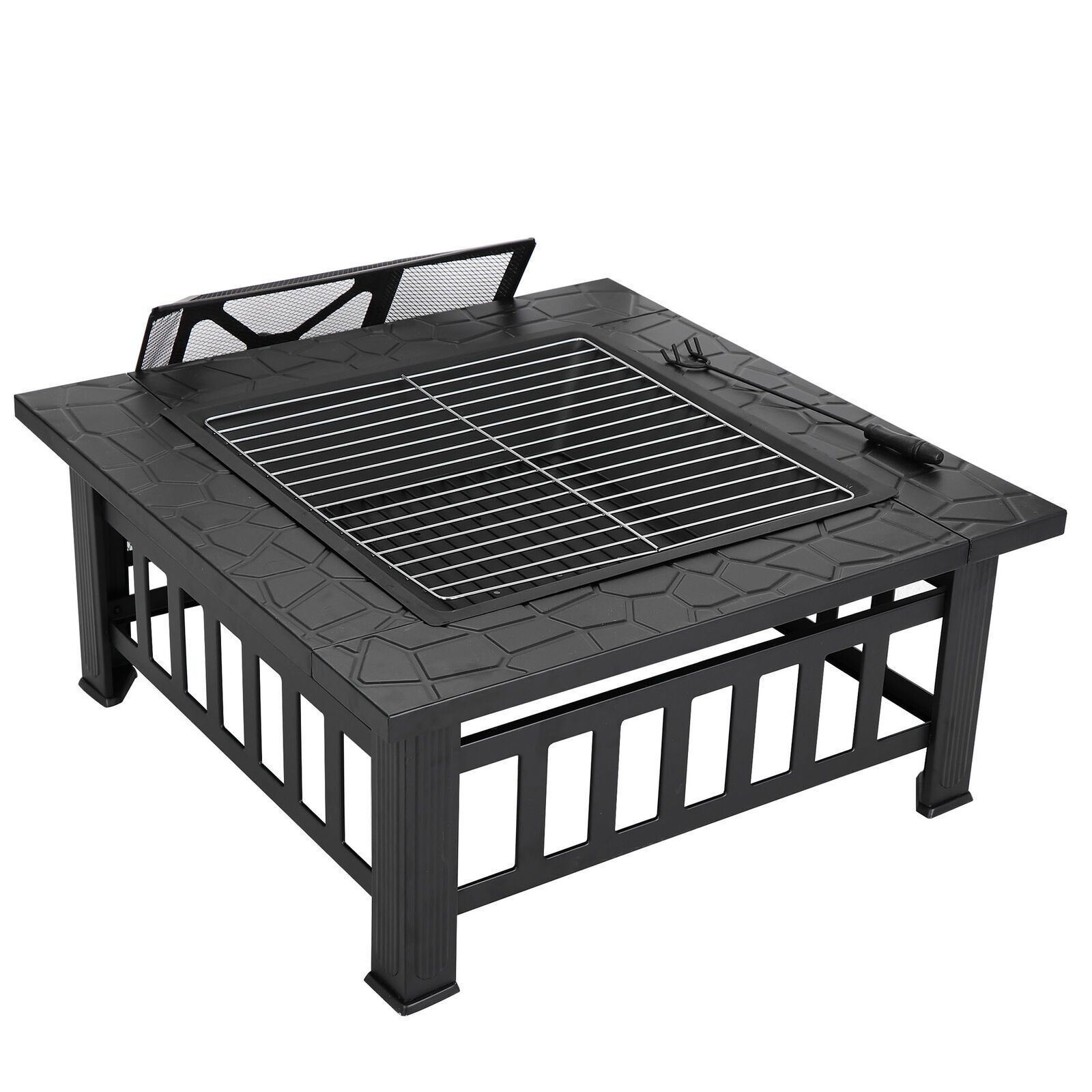 32" Fire Pit Square Metal Firepit Backyard Patio Garden Stove W/Cover Outdoor