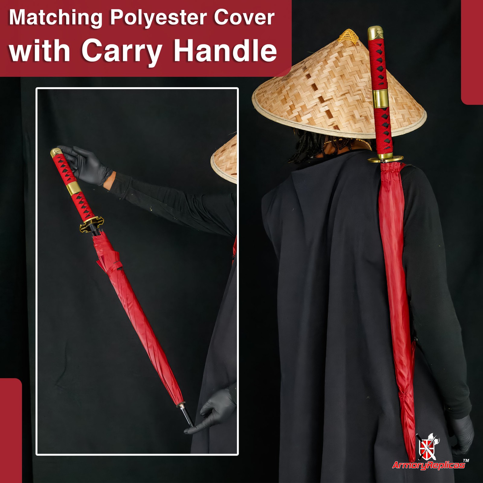 Unique Katana-Style Umbrella with Red Canopy & Faux Ray Skin Samurai Handle