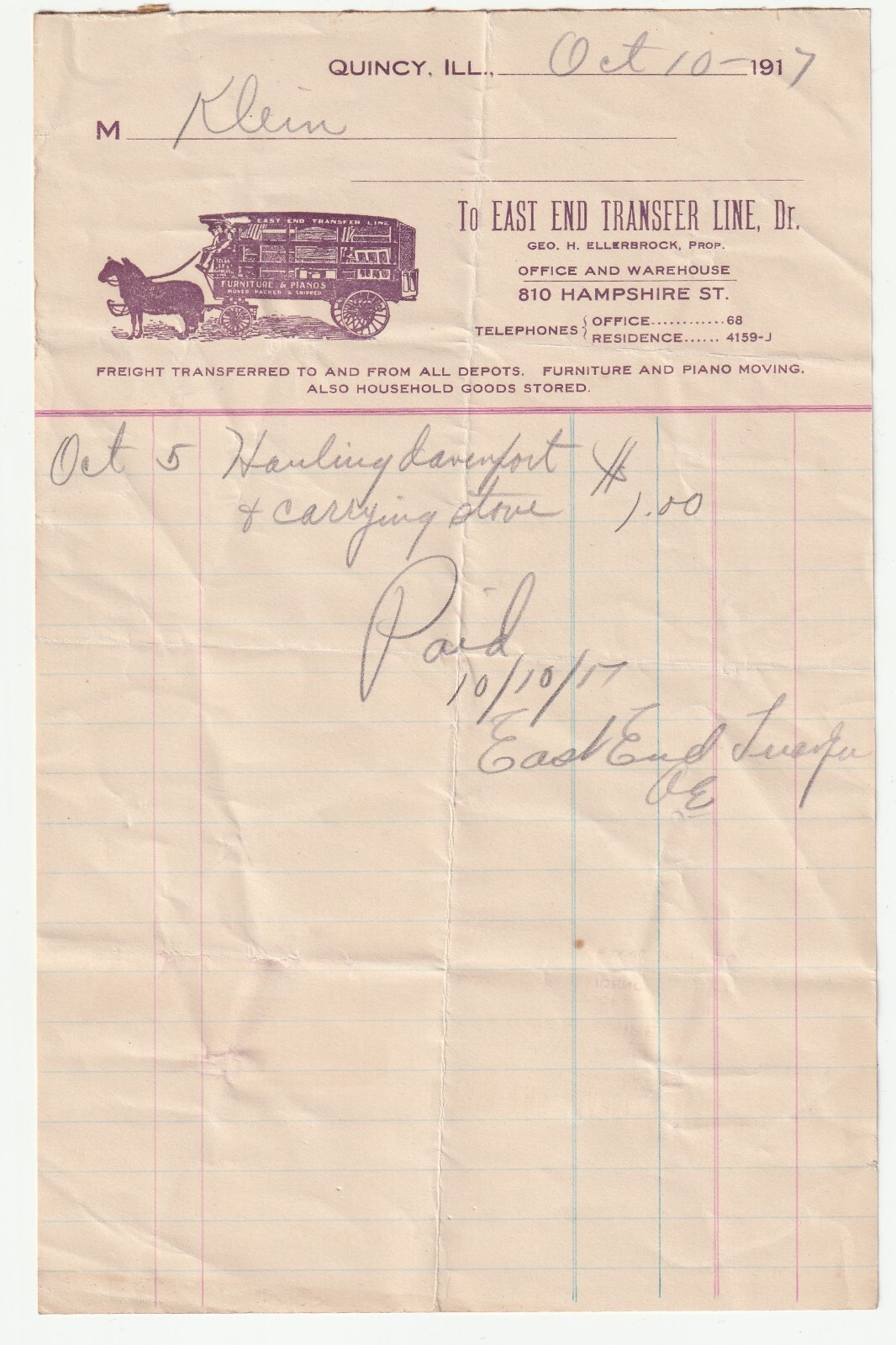 1917 INVOICE RECEIPT - EAST END TRANSFER LINE - QUINCY ILLINOIS - HORSE & WAGON