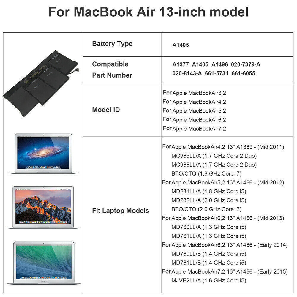 Battery A1466 for MacBook Air 13'' A1369 A1496 A1405 A1377 2013 2014 2015 2017