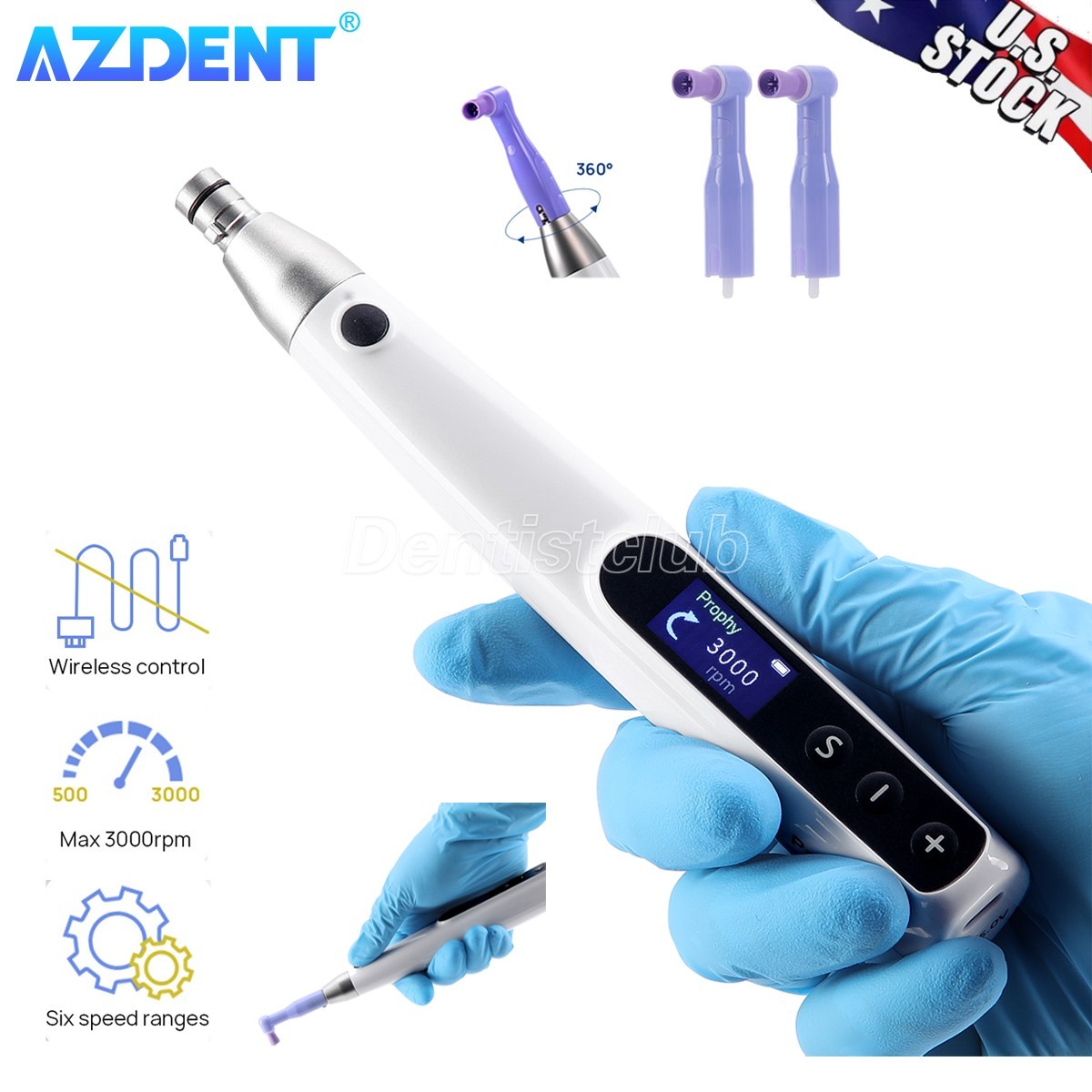 Dental Cordless Electric Hygiene Prophy Handpiece & 2 Prophy Angles 360° Swivel