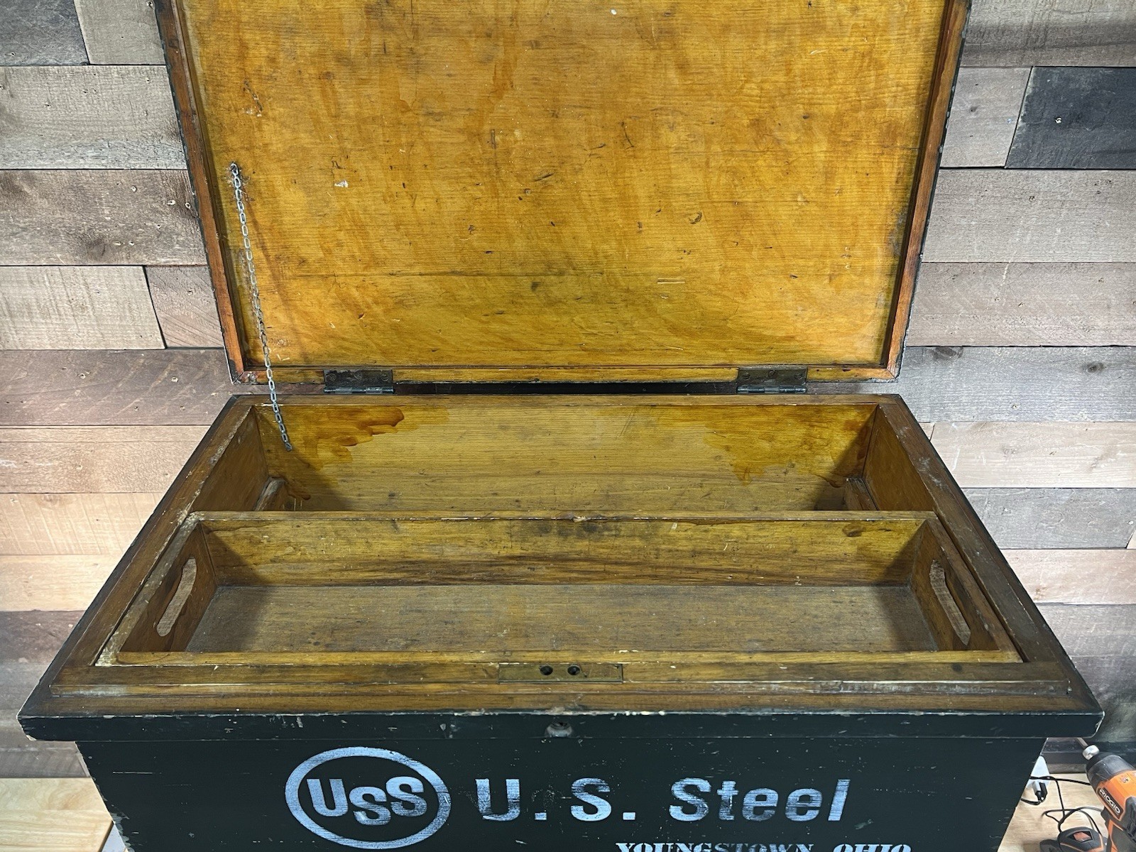 Vintage Large U.S. Steel Wooden Toolbox With Metal Base Stand