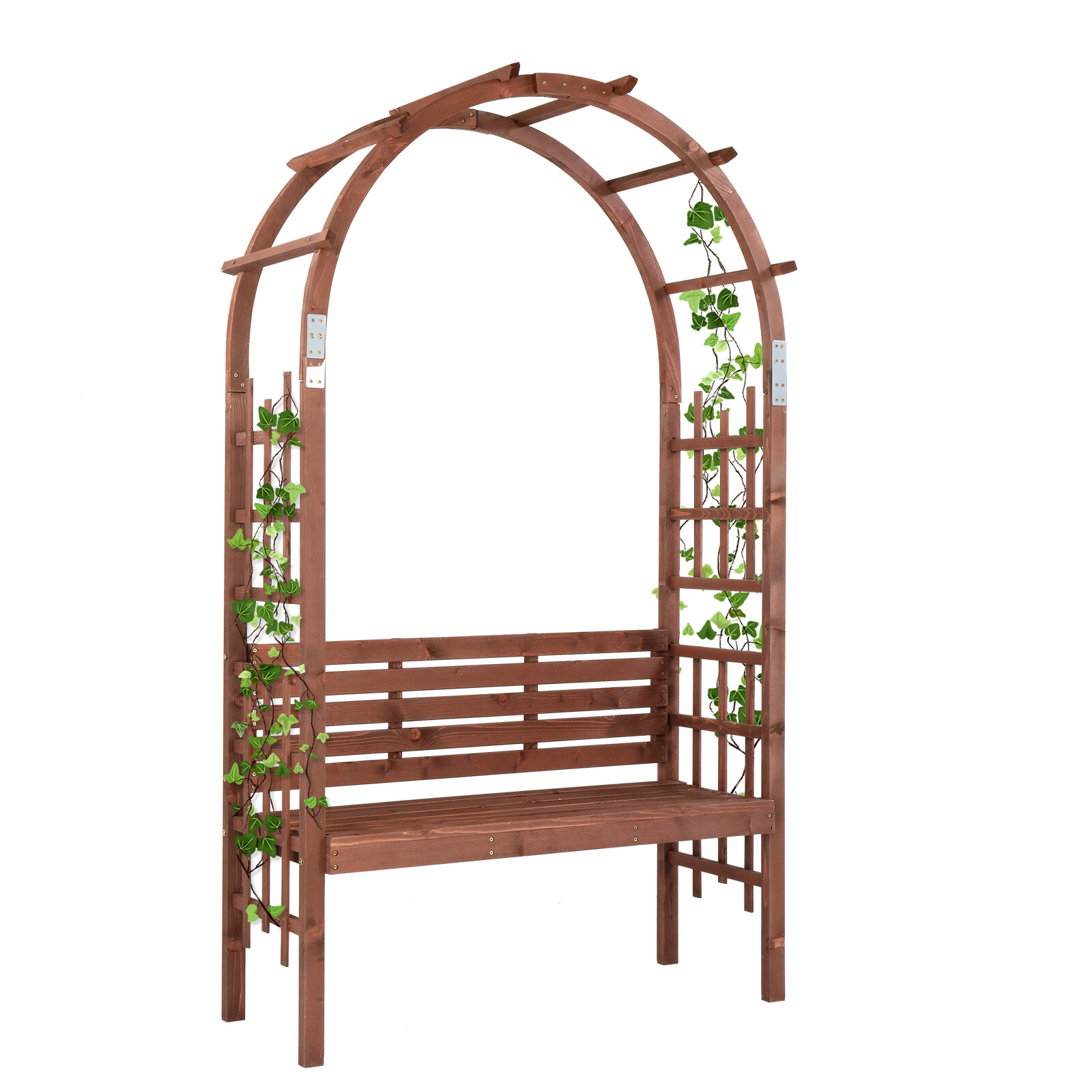 6.8FT Wooden Arch with Bench Garden Arbor Trellis for Climbing Plant Dark Brown
