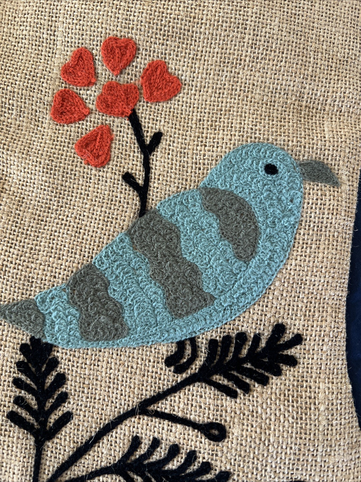 ARCADIA HOME CHRISTMAS STOCKING 100% JUTE EMBROIDERED BLUE BIRD AND FLOWERS