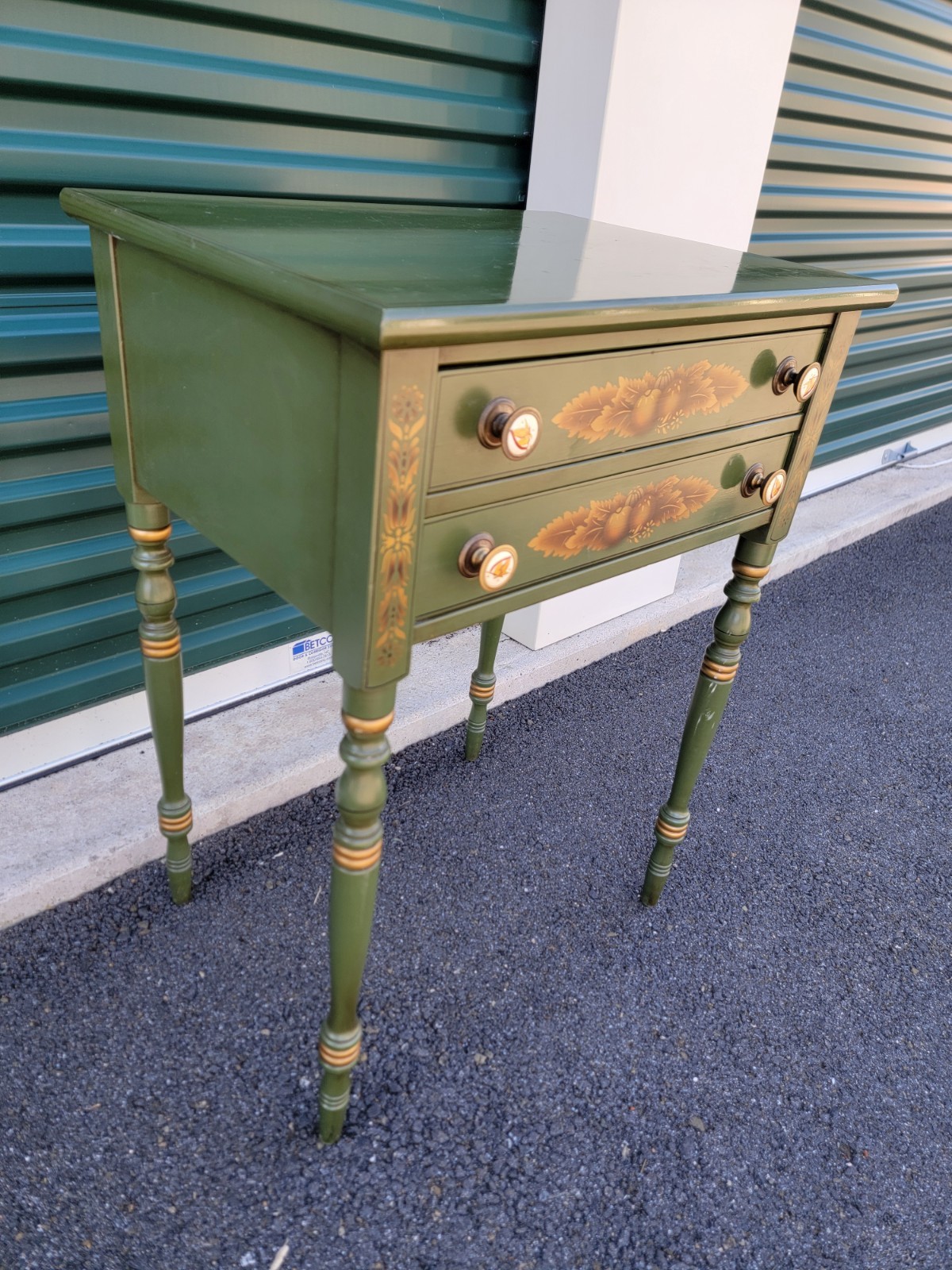 L. Hitchcock 2-drawer End/Side/Work Table Dark Green Stenciled drawers