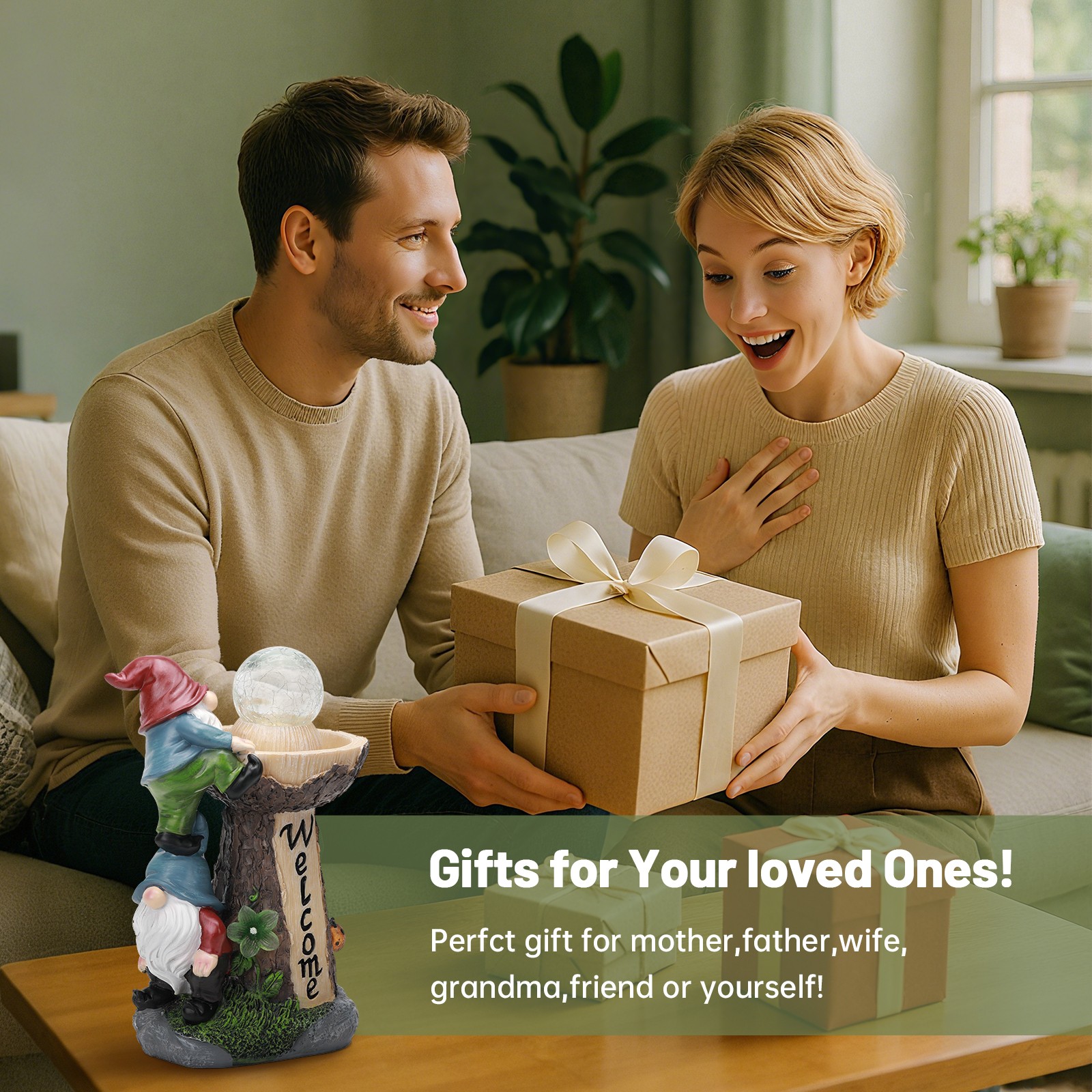 Solar-Powered Weatherproof Gnome Statue with Built-in LED Lights (Resin)