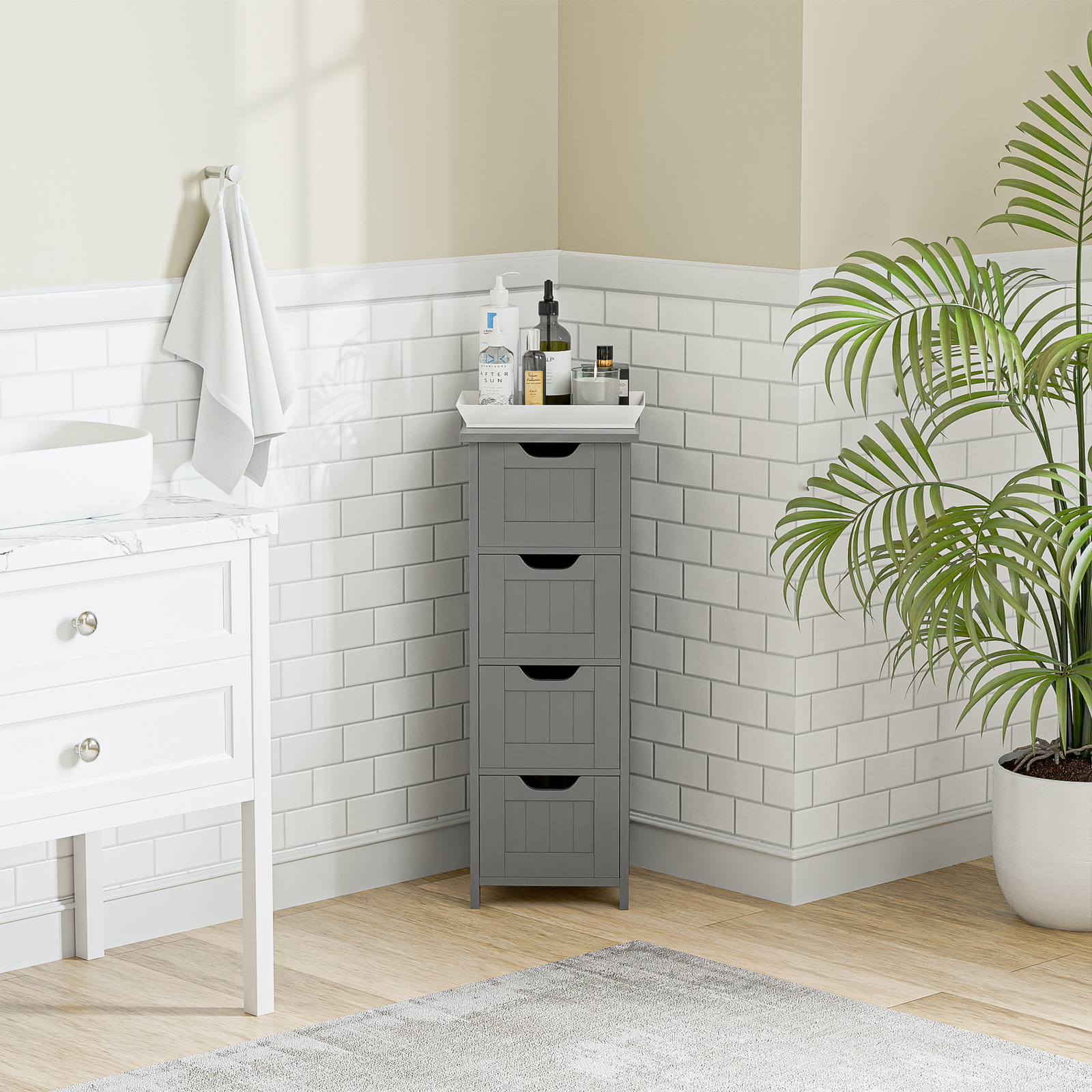 Bathroom Floor Cabinet with 4 Drawers Sturdy Storage Organizer Cabinet Gray