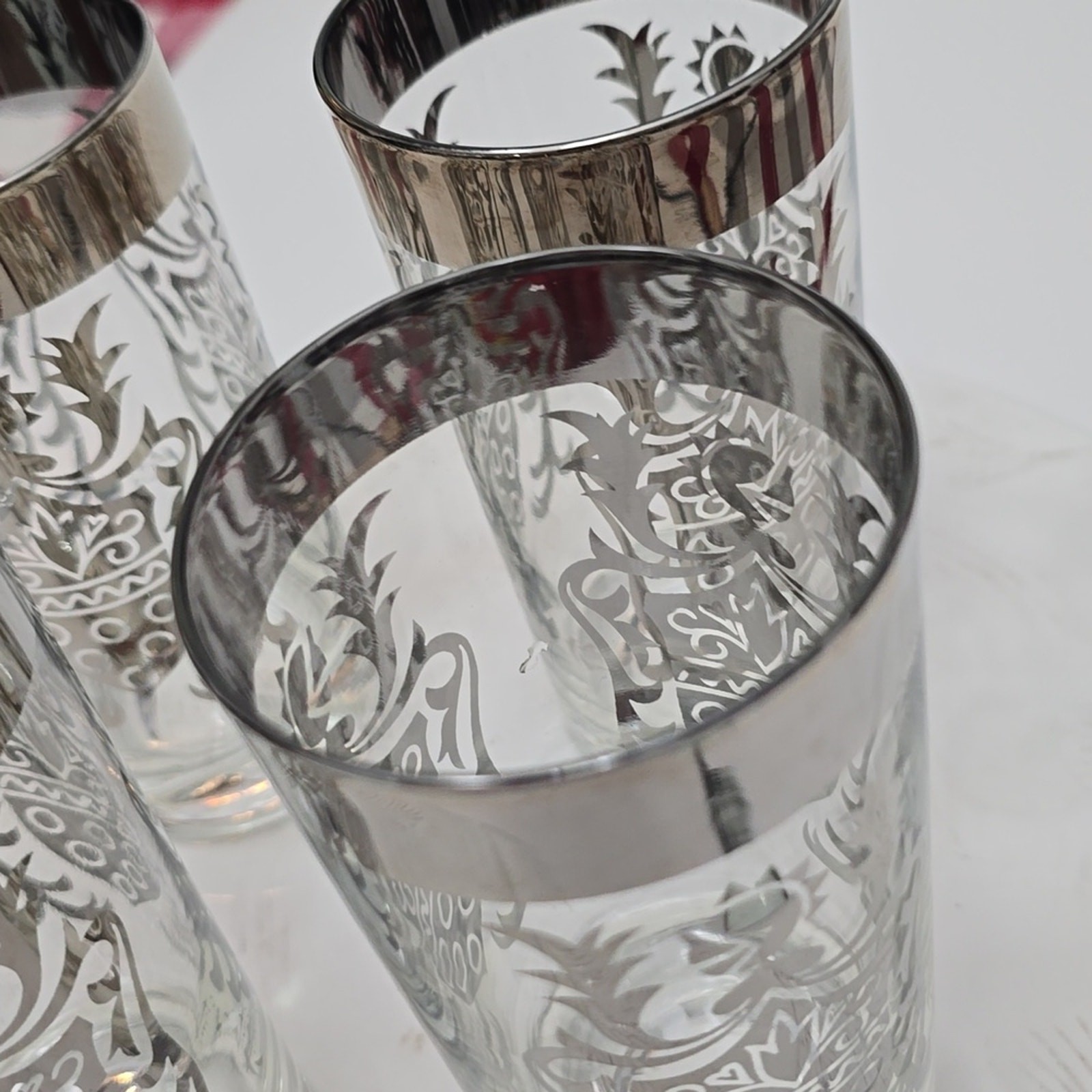 Vintage MCM Set Of 4 Kimiko Silver Knight Shield Highball Glasses Barware