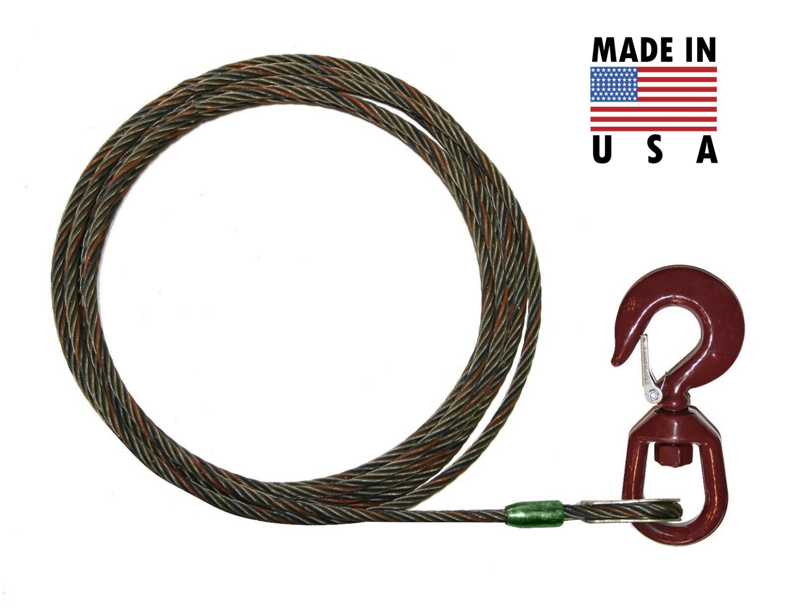 5/8" x 55' Winch Line Tow Cable Wire Rope Swivel Hook Latch Steel Core USA