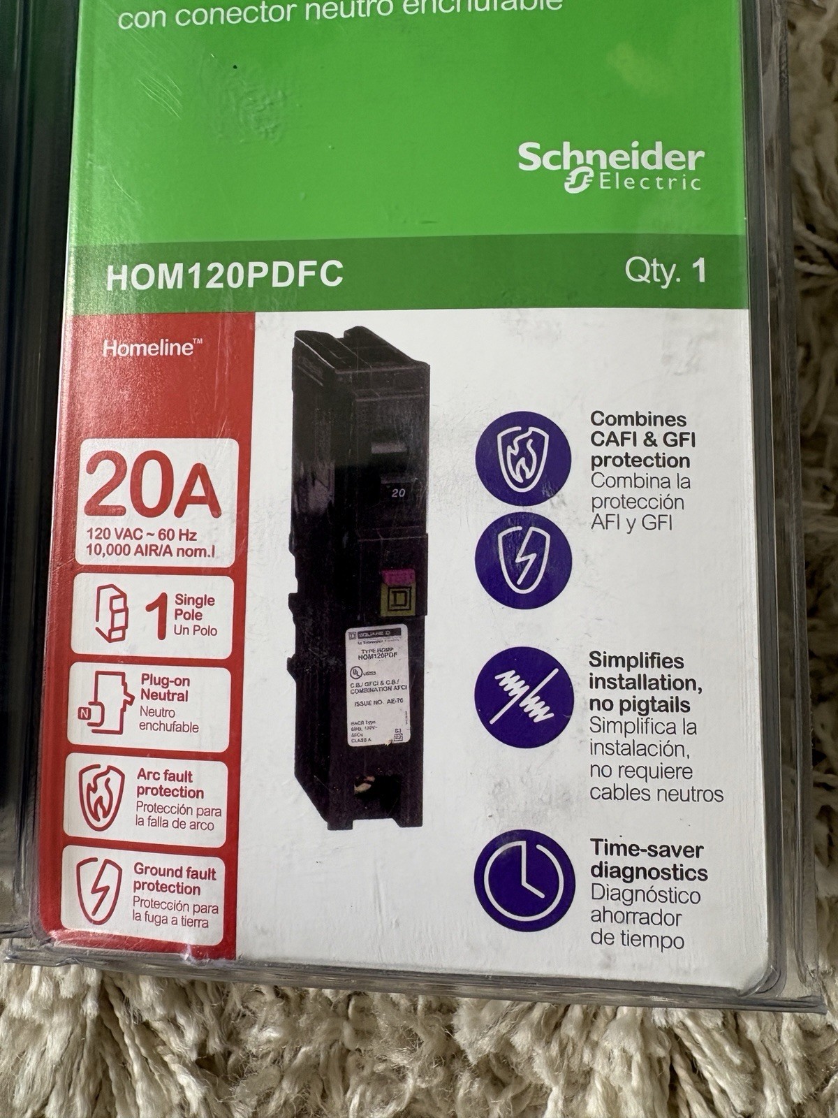 Square D HOM120DFC 20A 120V Single Pole Dual Function Circuit Breaker CAFI GFI 6