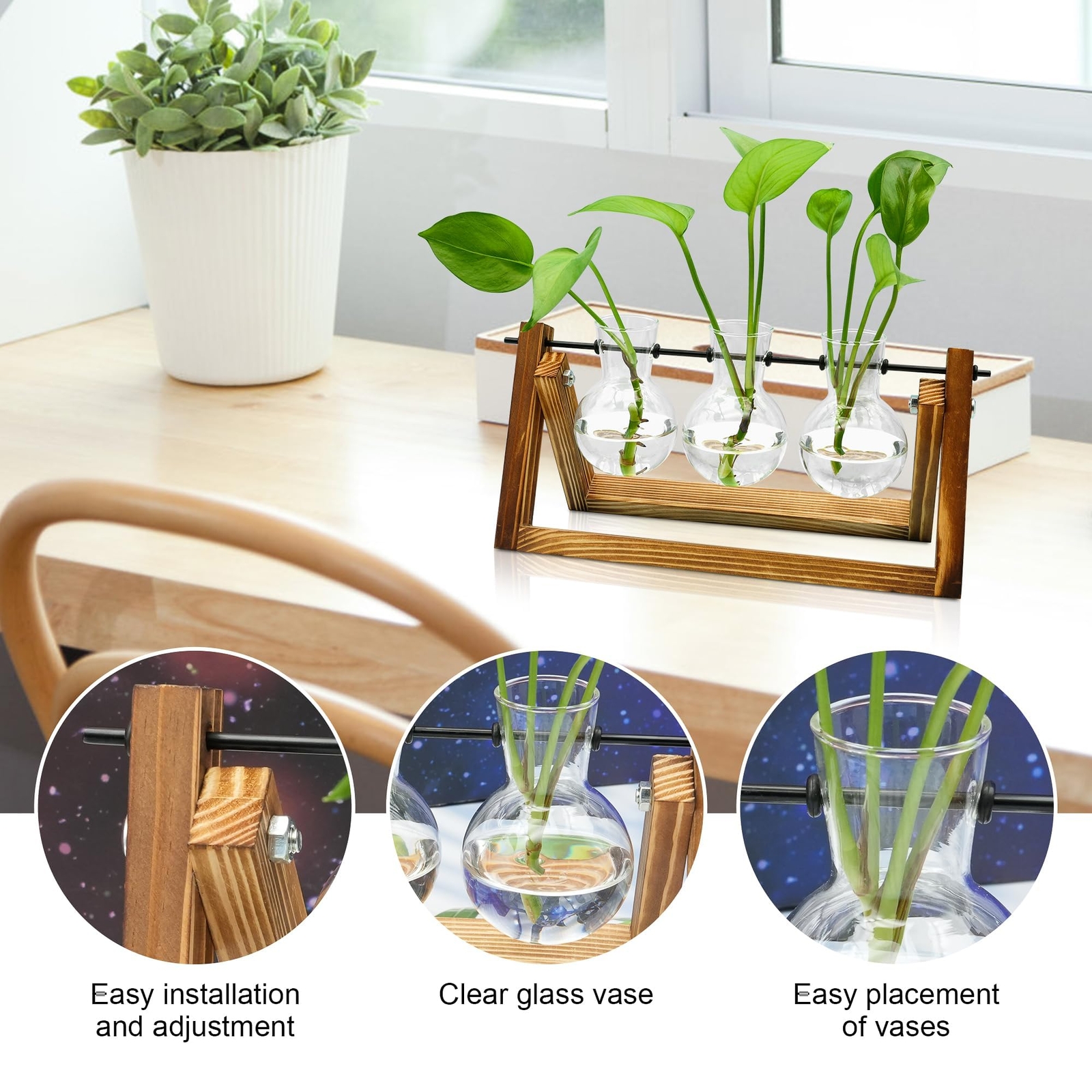Plant Propagation Station with Wooden Stand for Home Office Decorations 3 Bulb