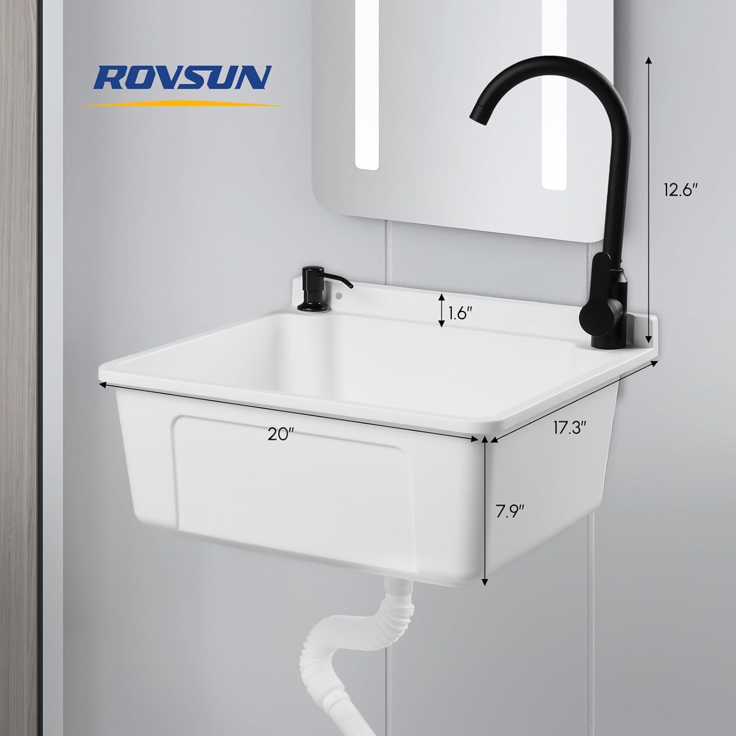 Plastic Wall-Mounted Utility Sink, Wall-Mounted Utility Tub with Hot&Cold Faucet