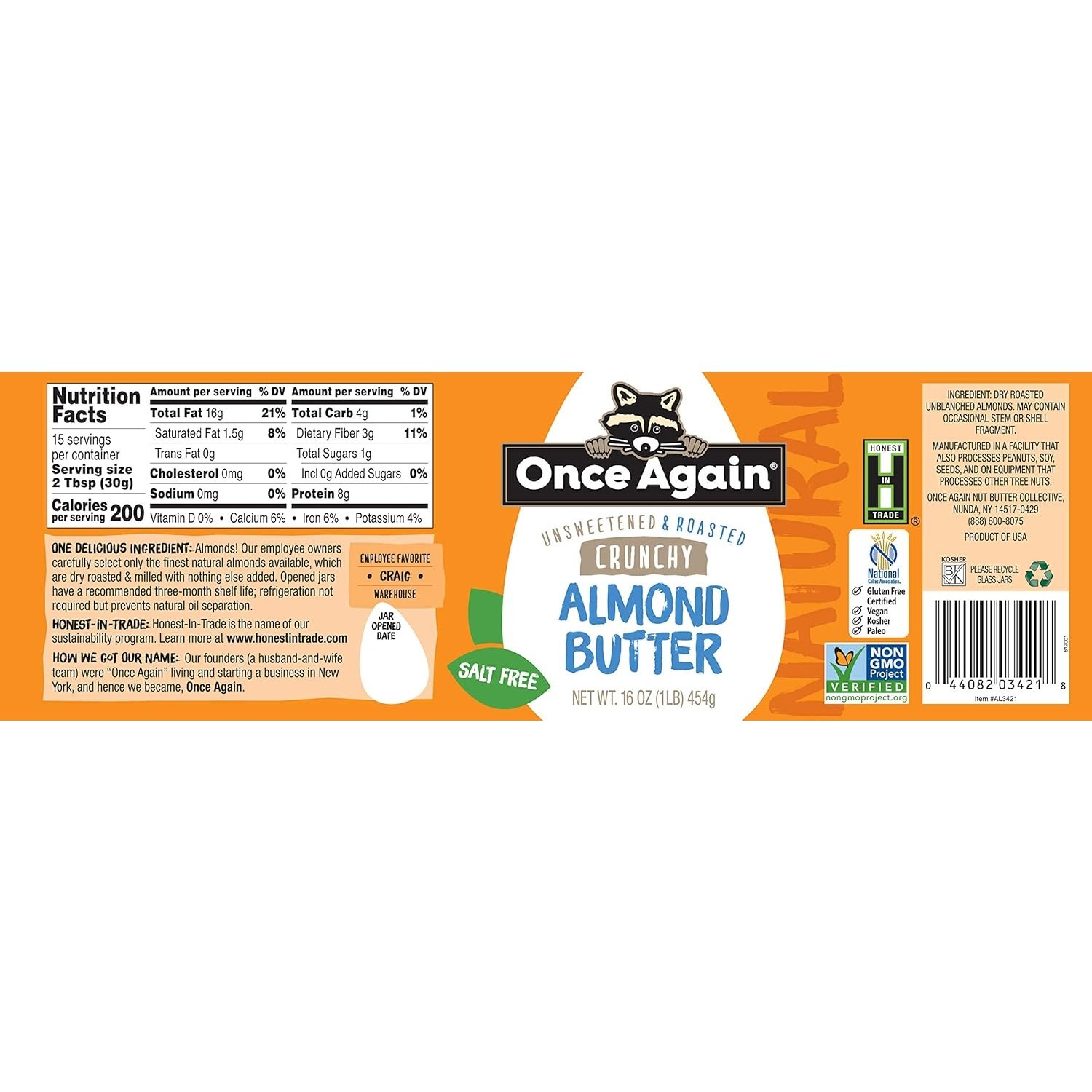 Once Again Almond Butter, Crunchy Natural 16 ounce jar