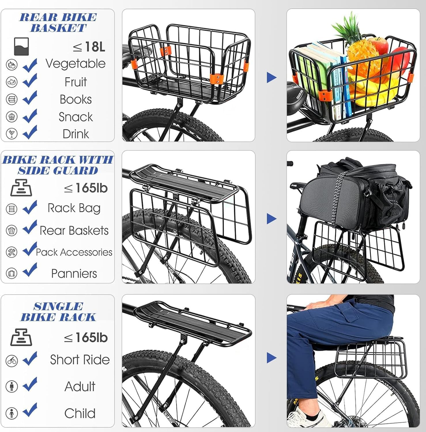 Rear Bike Rack with Basket Aluminum Alloy Adjustable Foldable Basket with Cord