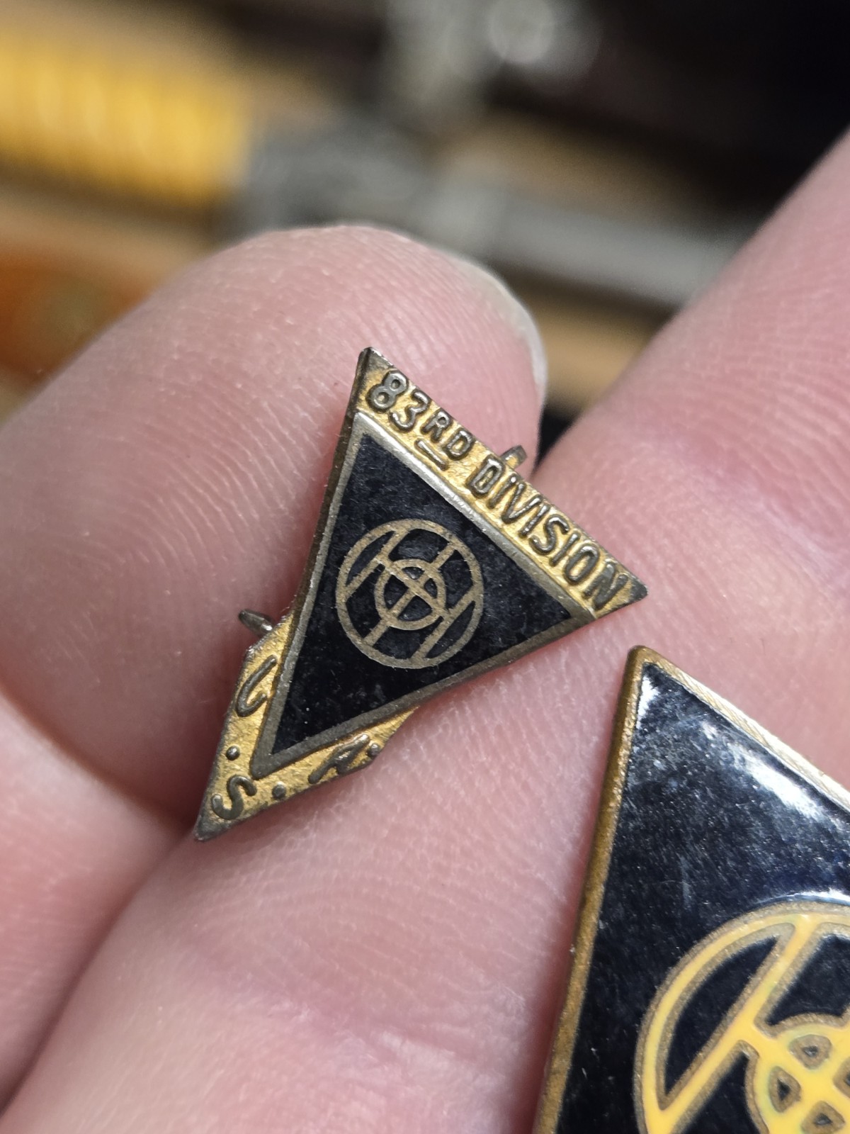 2 Vintage rare old WWII 83rd Infantry Division Thunderbolt DI Unit Crest Pin Lot