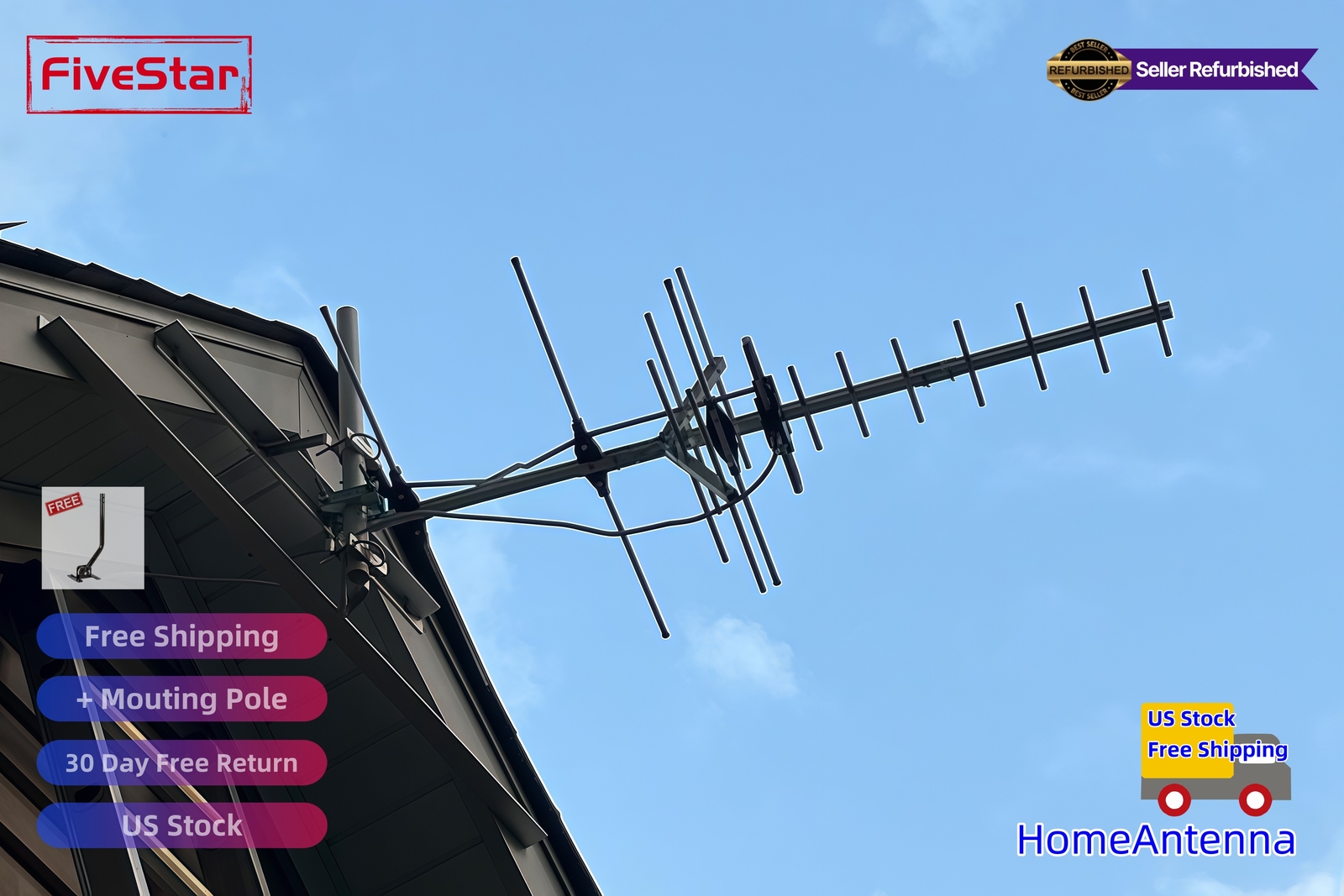 Yagi HD TV Antenna Attic or Roof Mount up to 200 Mile Range TV Antenna